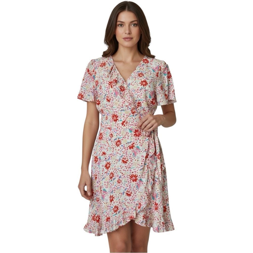 Skies are White & Pink Feminine Floral Ruffled High Low Mini Wrap Dress S